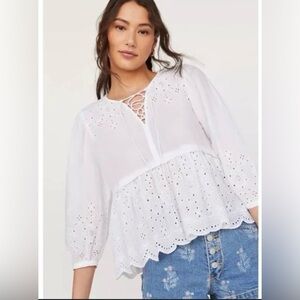 Dolan Anthropologie Eyelet Babydoll V-Neck Blouse Women’s Size XS White Boho